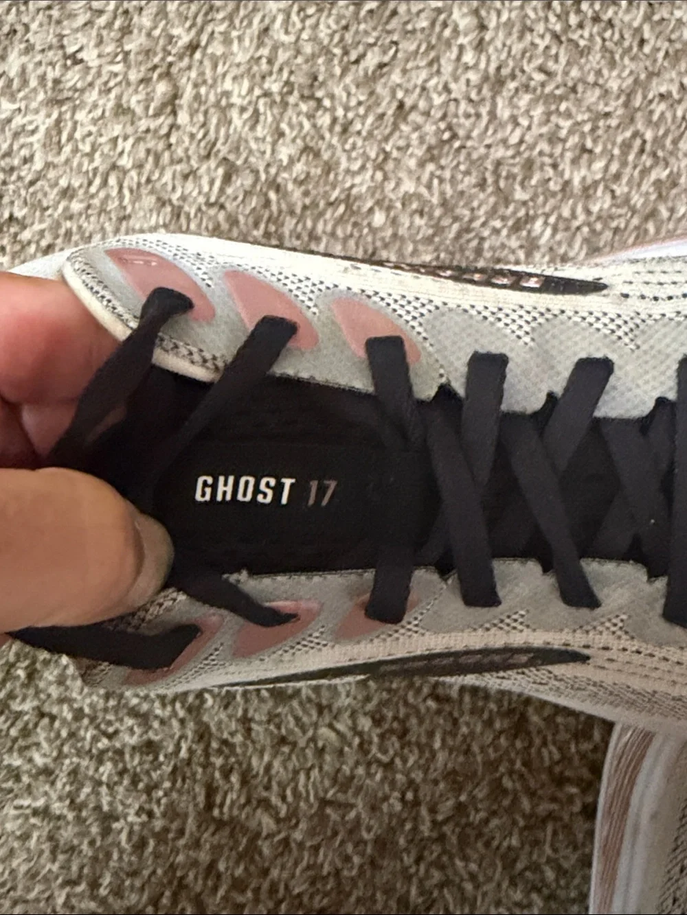 Brooks Ghost 17 Black with Rose Gold accents and grayish base tone. EUC.
